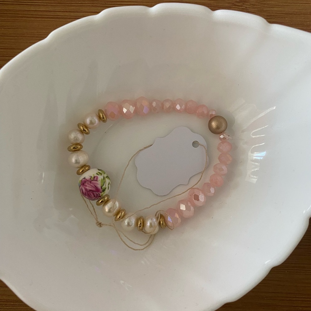Krissette Martin Designs Pink Crystal & Natural Pearl Nugget Stretch Bracelet XS